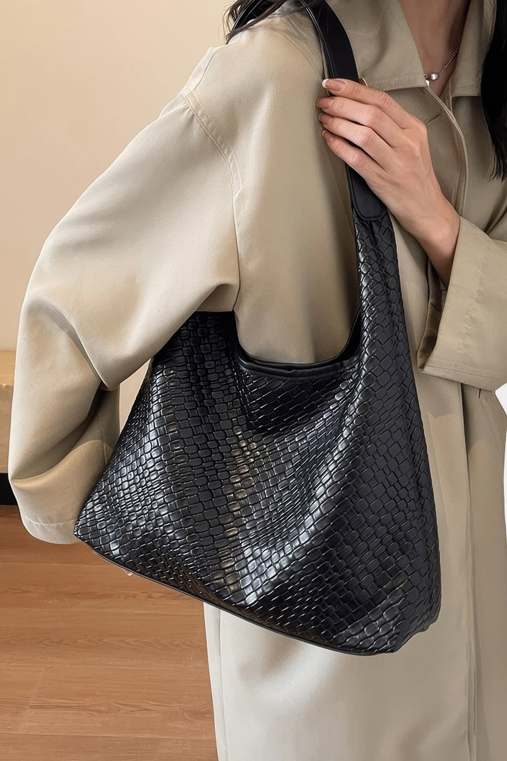 Textured Hobo Shoulder Bag with Rounded Handle