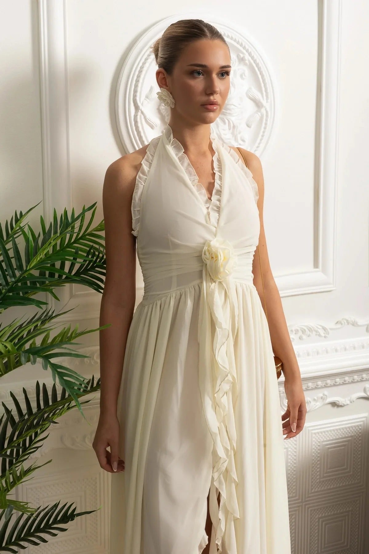 Ruffled Halter Maxi Dress With Rosette Detail - White