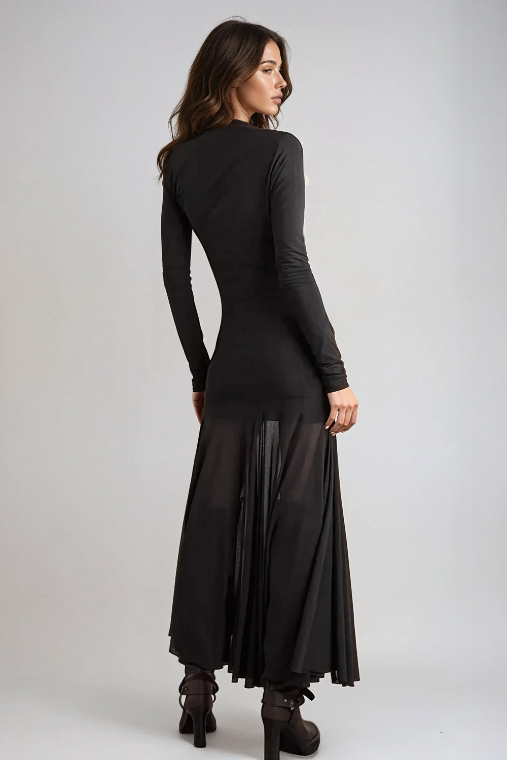 Long Sleeve Sheer Maxi Dress - Black