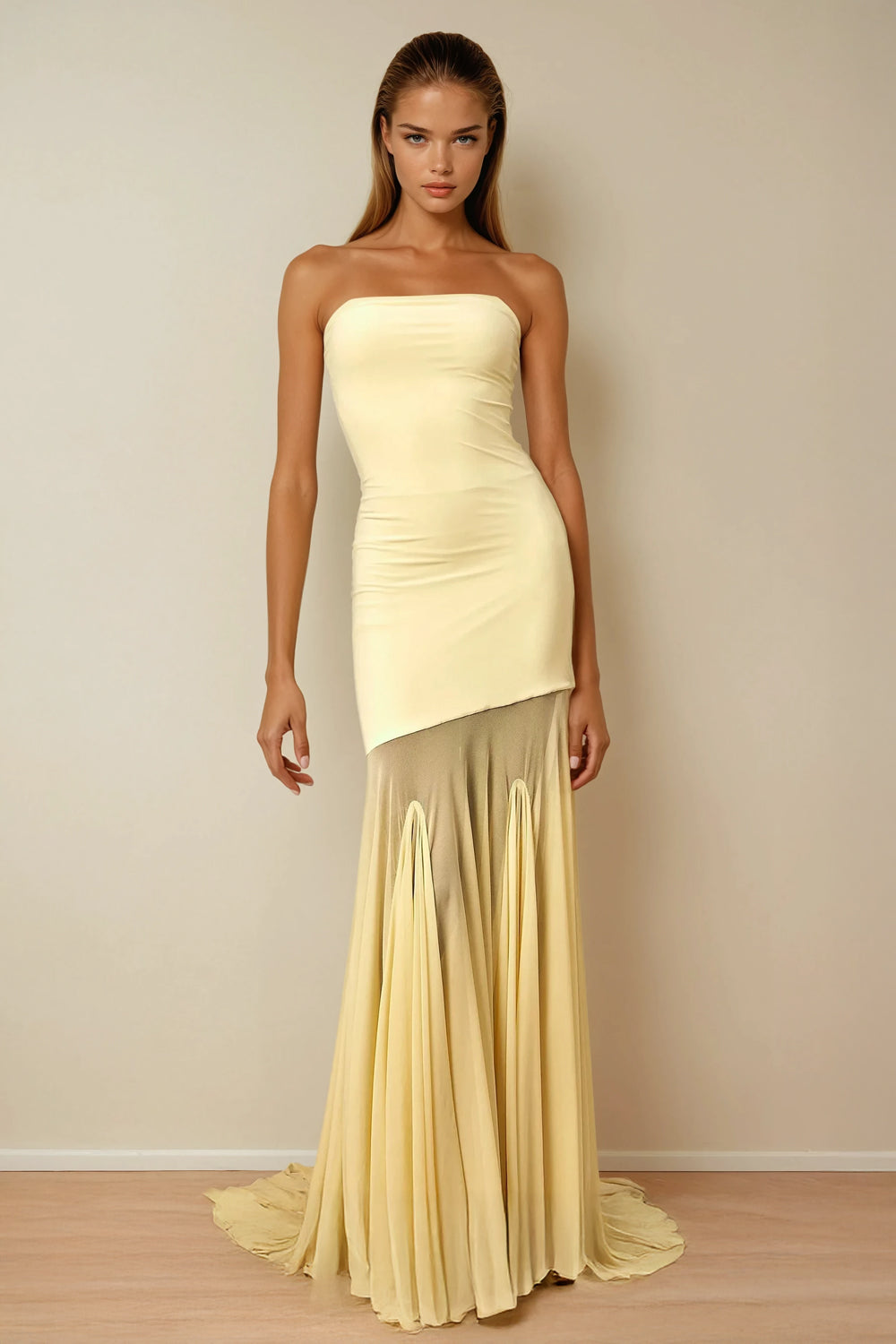 Strapless Maxi Dress with Sheer Pleated Hem and Long Train - Yellow