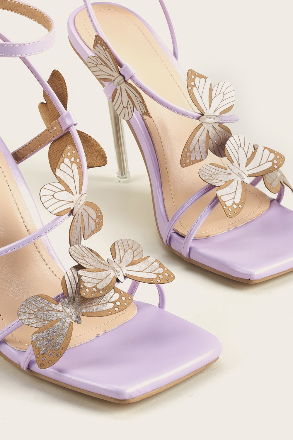 Stiletto Sandals with Clear Heel and Butterfly Straps - Purple