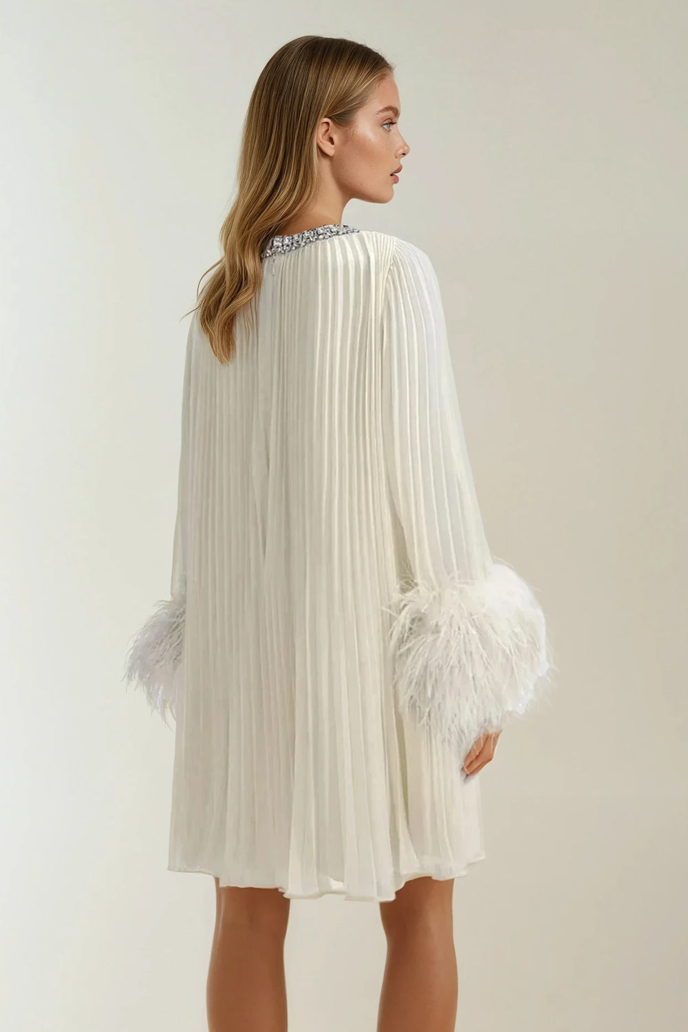 Pleated Mini Dress with Crystal Embellished and Feather Cuffs - Beige