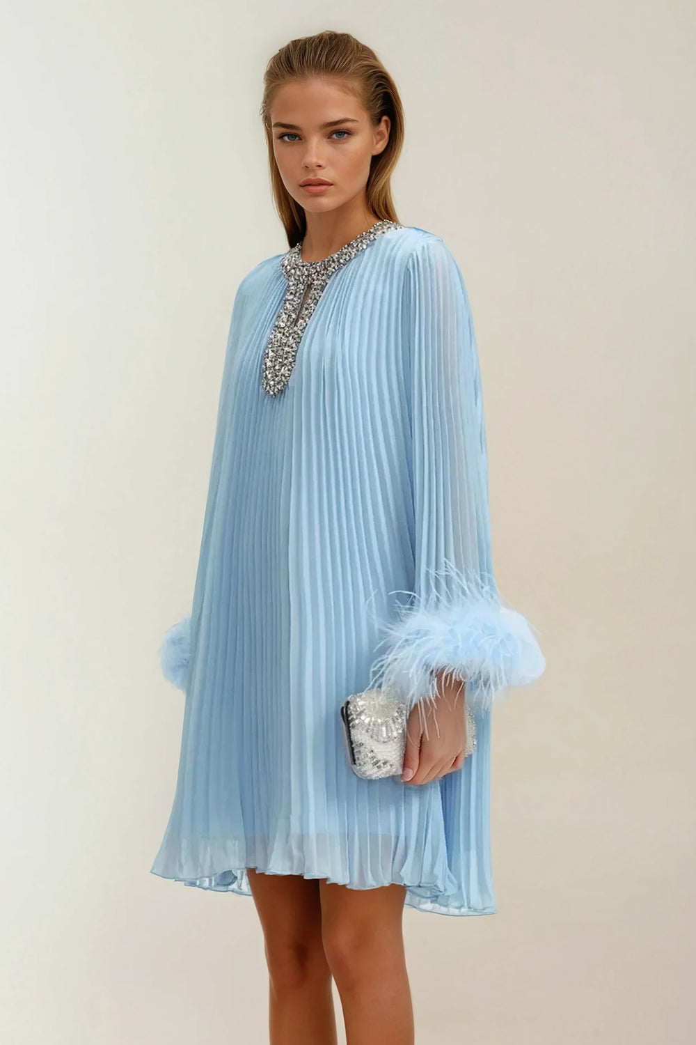 Pleated Mini Dress with Crystal Embellished and Feather Cuffs - Blue
