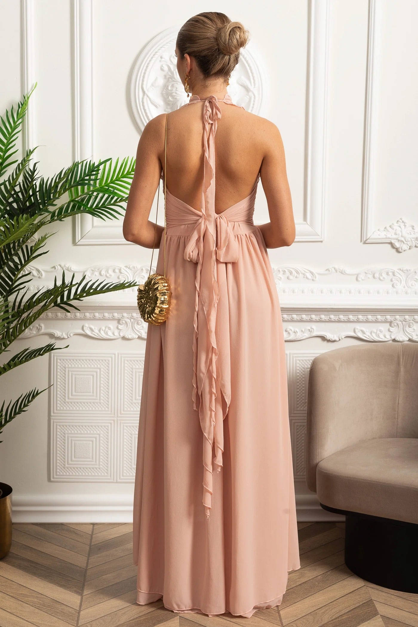 Ruffled Halter Maxi Dress With Rosette Detail - Pink
