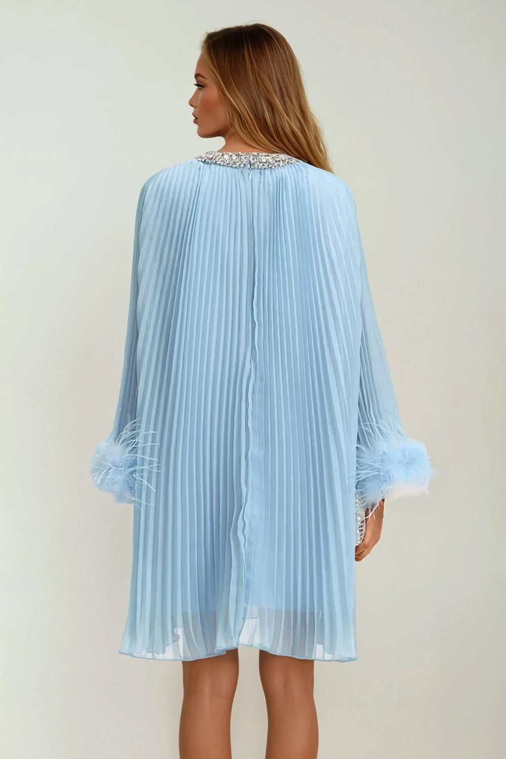 Pleated Mini Dress with Crystal Embellished and Feather Cuffs - Blue
