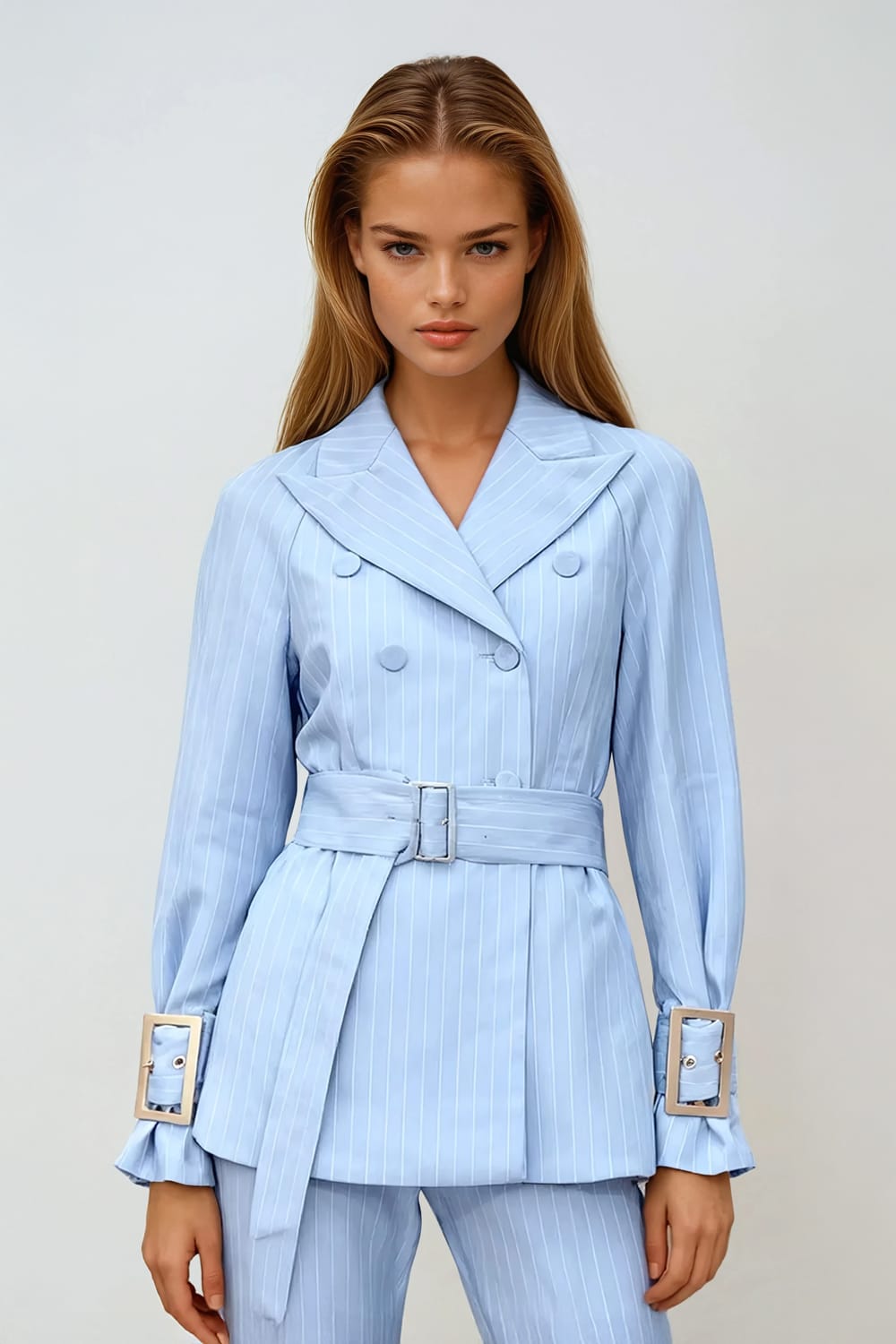 Double-Breasted Pinstripe Blazer with Belt - Blue