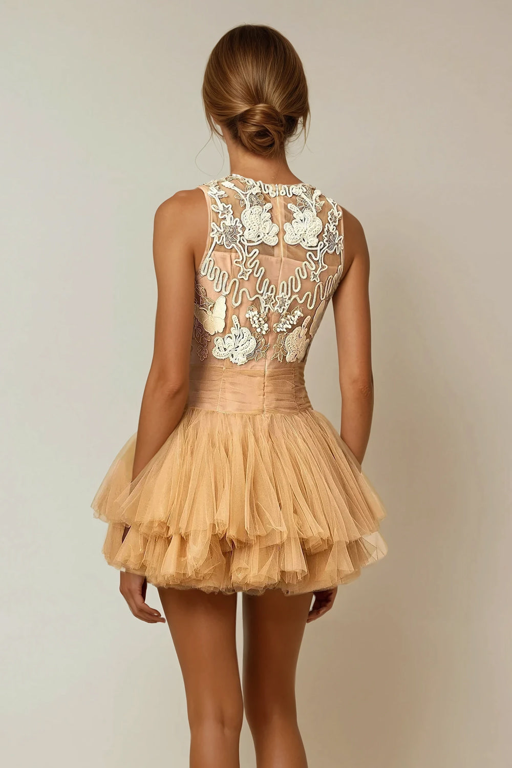 Mini Dress with Sheer Embroidered Top and Layered Skirt - Yellow