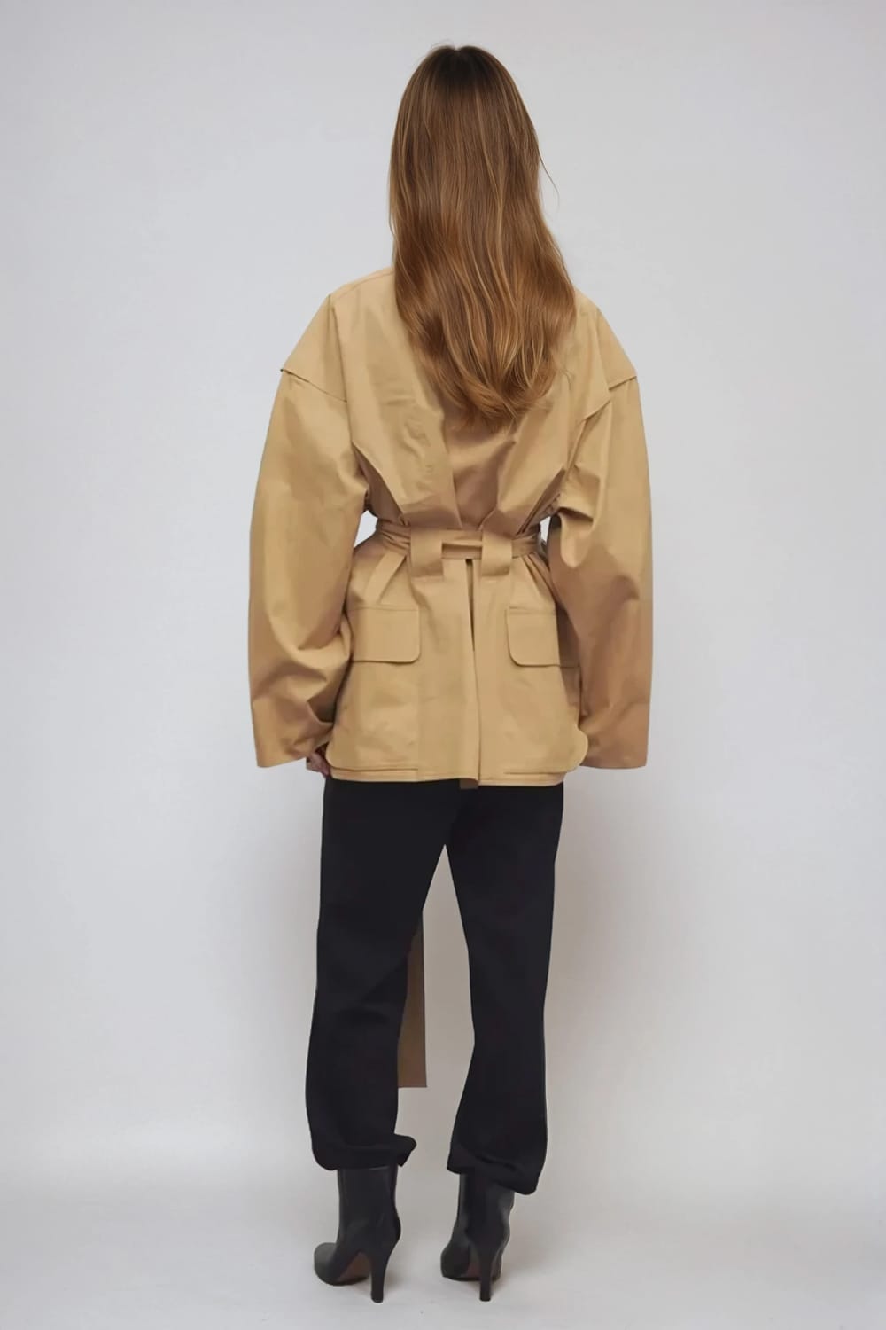Belted High Neck Oversized Jacket - Brown