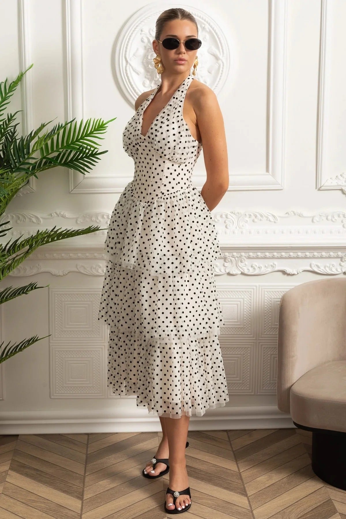 Tiered Halter Midi Dress in Polka Dot Tulle - White