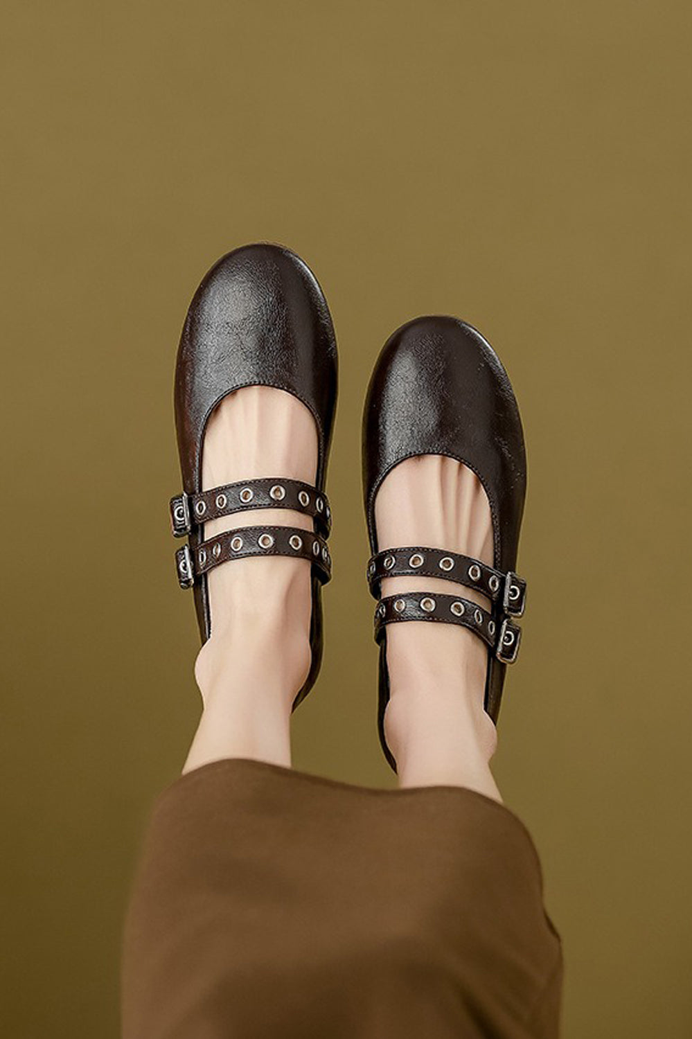 Double Strap Buckle Detail Ballerina Flats - Brown