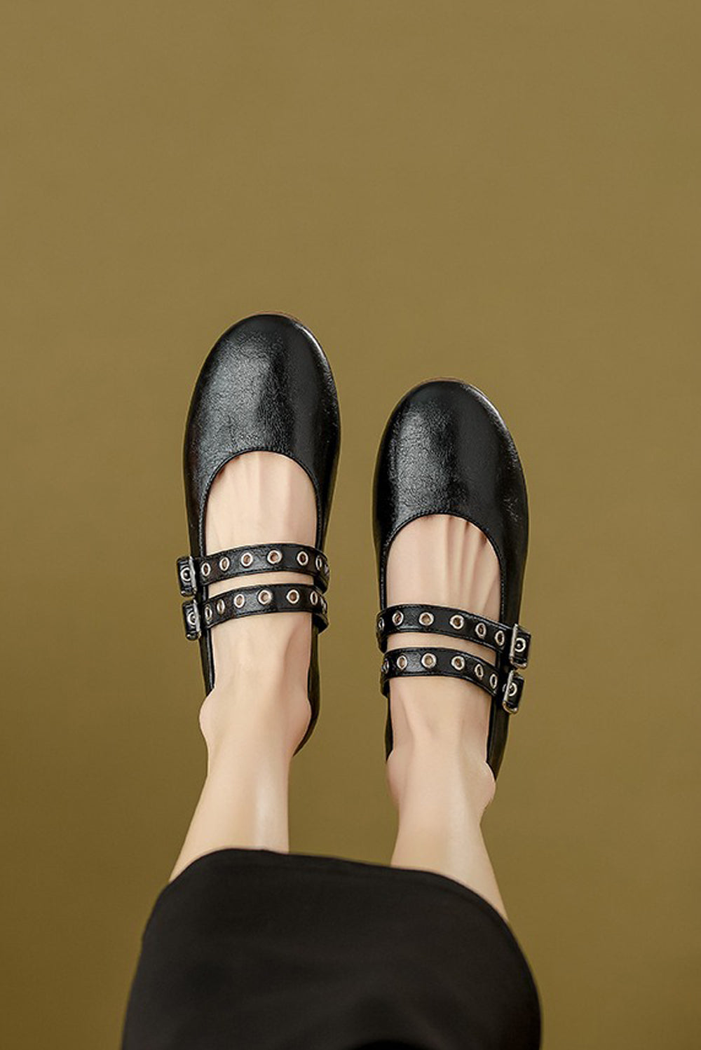 Double Strap Buckle Detail Ballerina Flats - Black