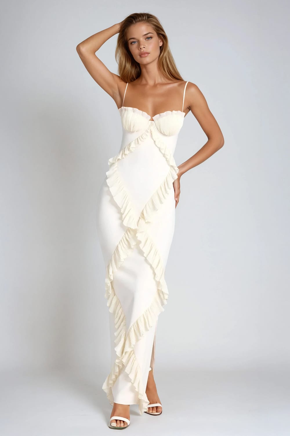 Pleated Trim Sweetheart Neckline Maxi Dress - Beige