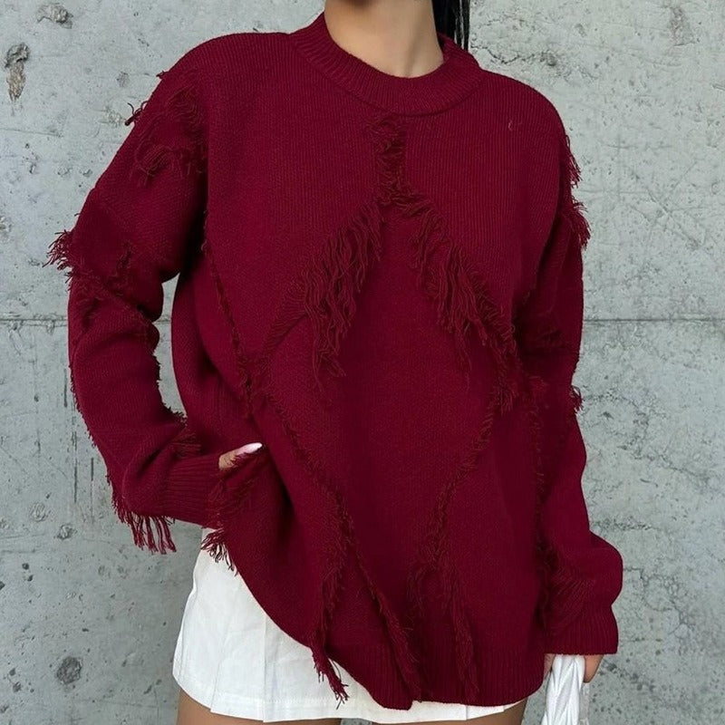 Distressed Fringe-Detail Knit Sweater - Red