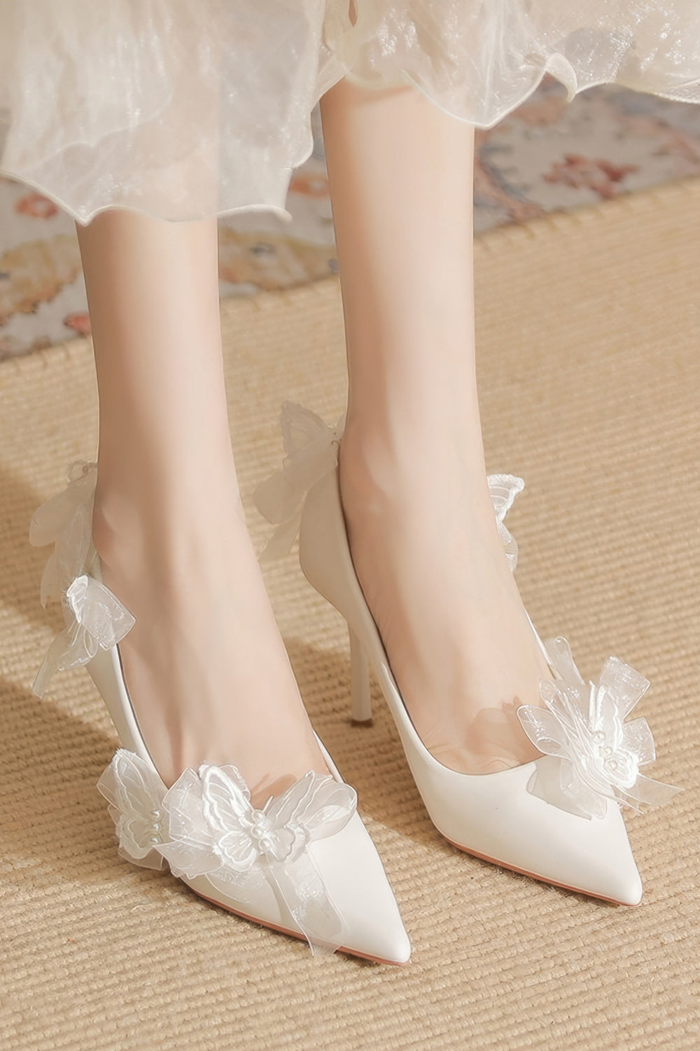 Pointed Heels with 3D Lace Flowers and Satin Bows - White