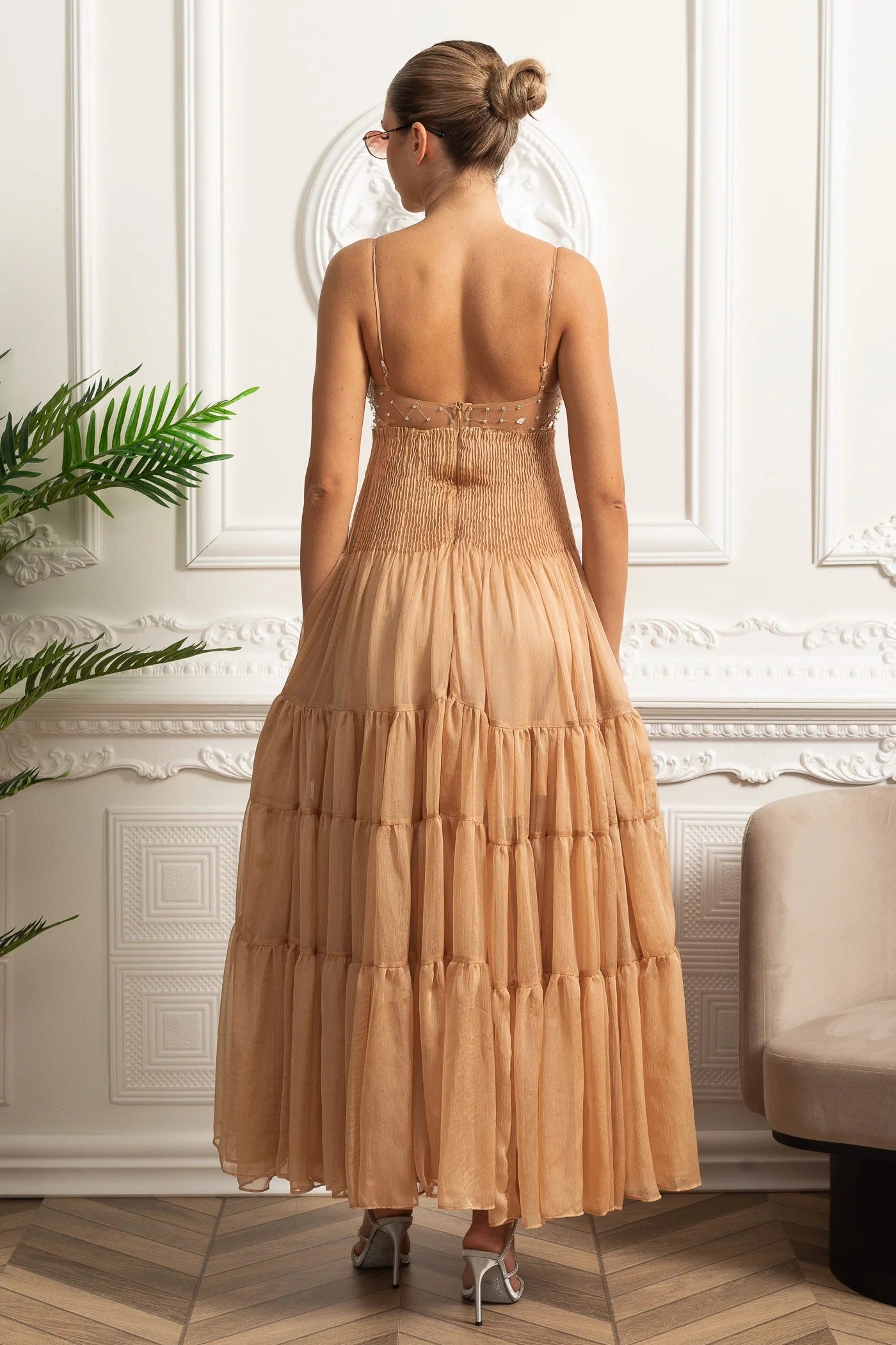 Embellished Tiered Maxi Dress With Sheer Bodice - Beige