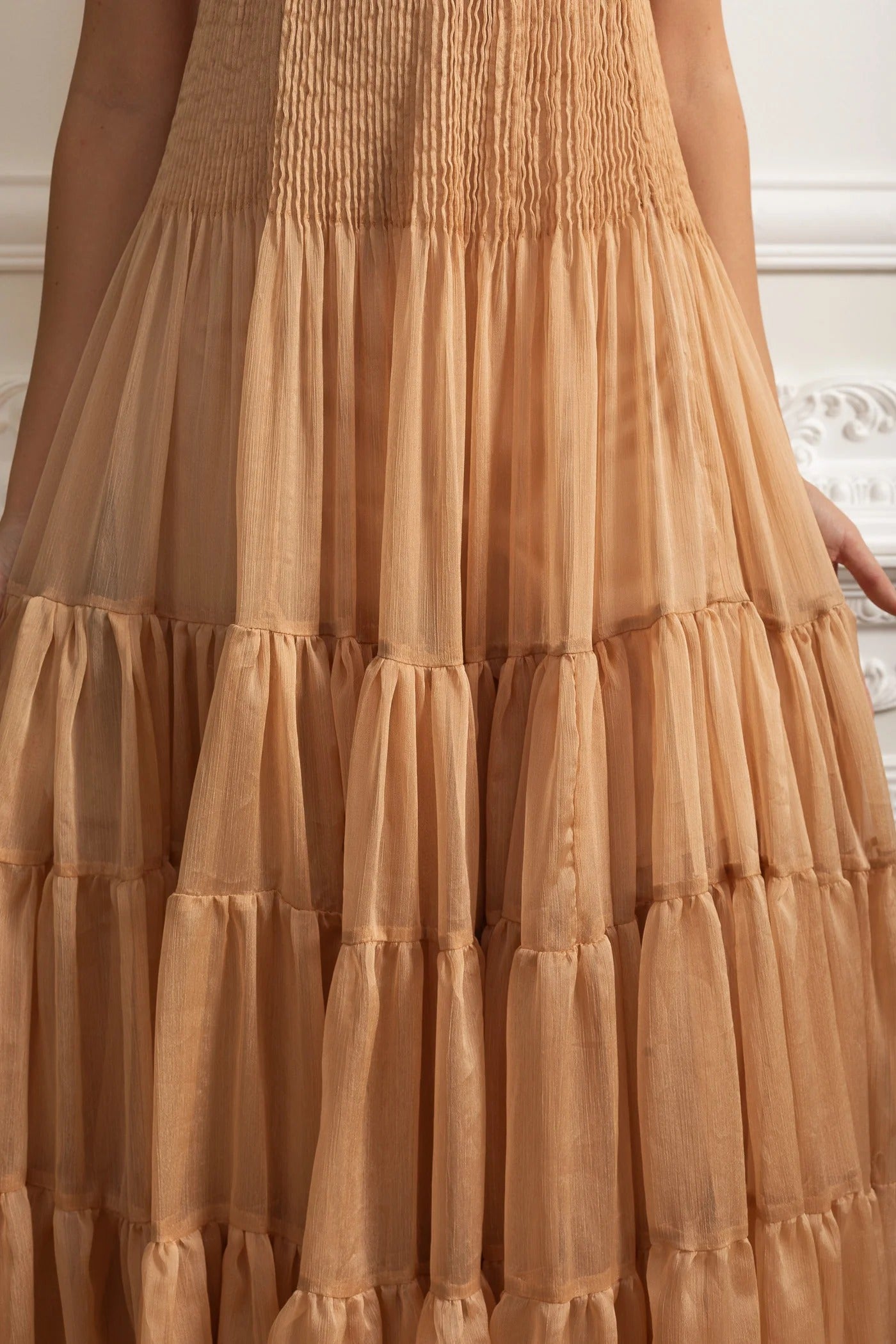 Embellished Tiered Maxi Dress With Sheer Bodice - Beige