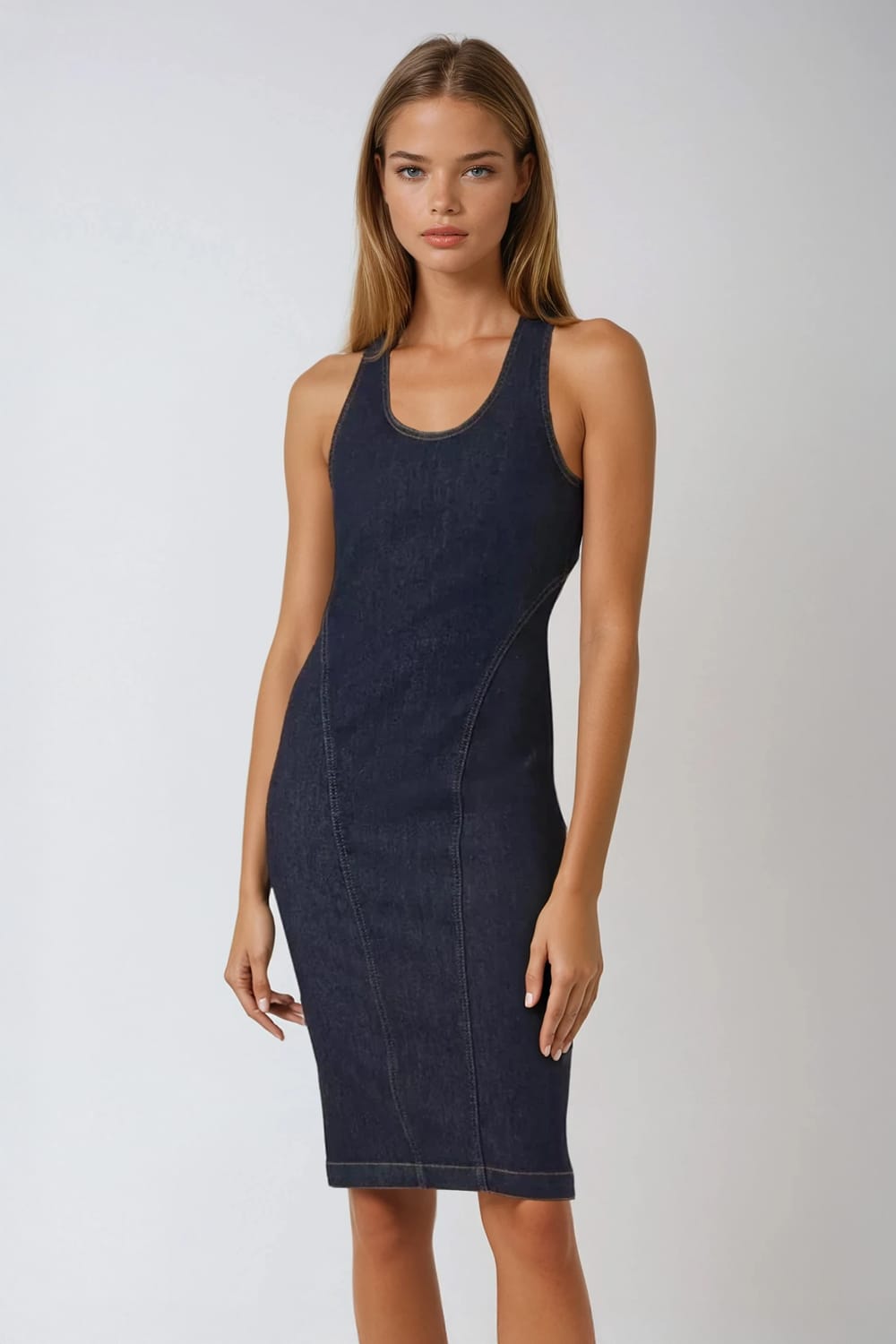Cross Back Sleeveless Denim Midi Dress - Blue