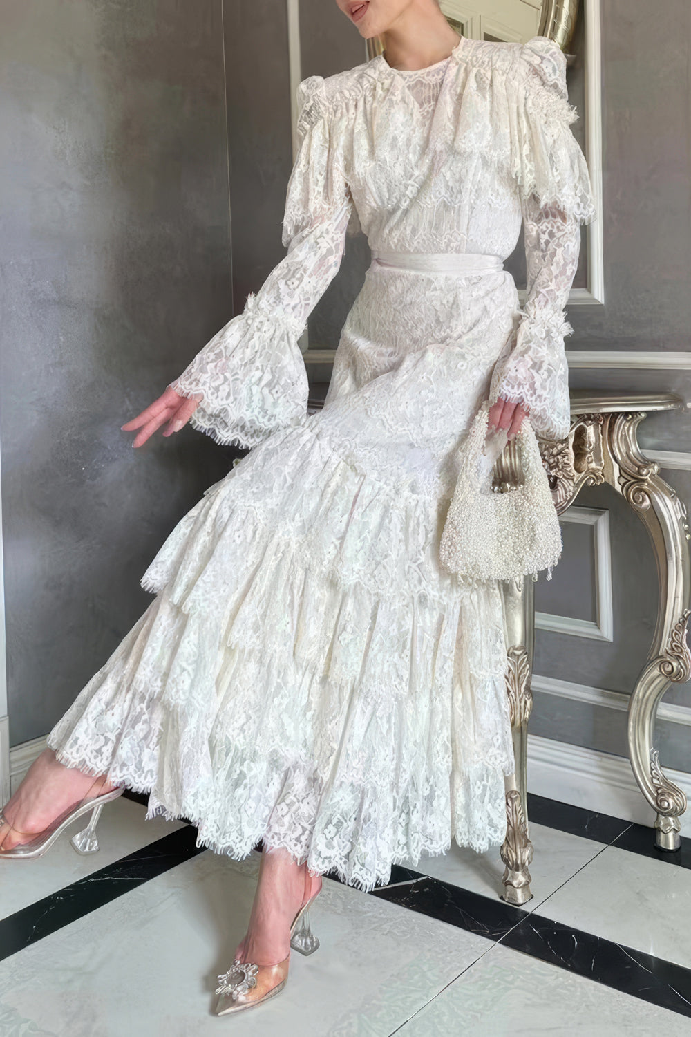 High-Neck Embroidered Lace Maxi Dress with Tiered Skirt