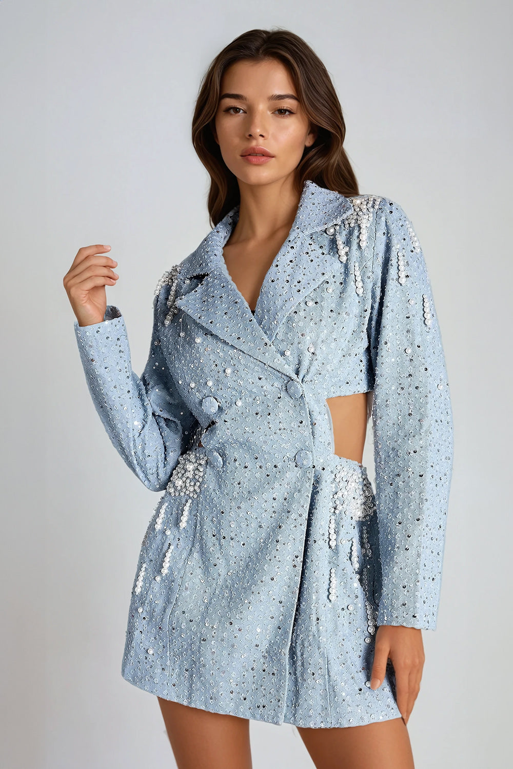 Mini Dress with Embellished Blazer-Style Design - Blue