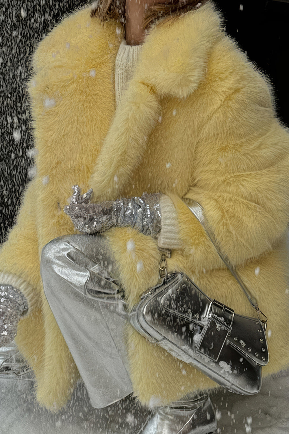 Oversized Fur Coat with Lapel Collar - Blue