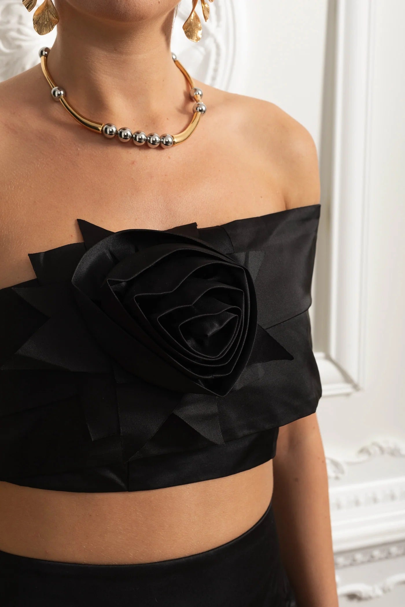Rosette Crop Top & Bubble Mini Skirt Set - Black