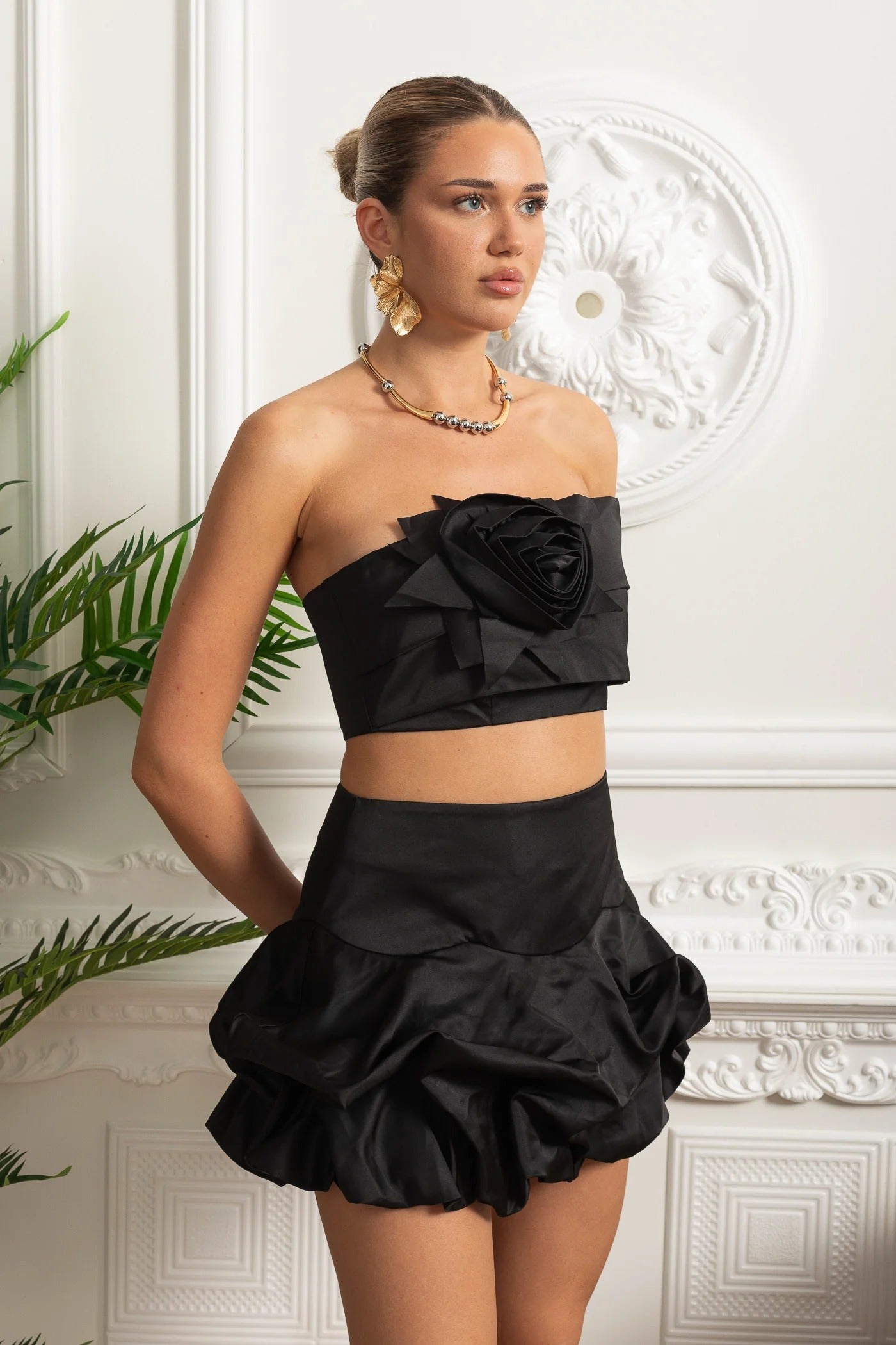 Rosette Crop Top & Bubble Mini Skirt Set - Black