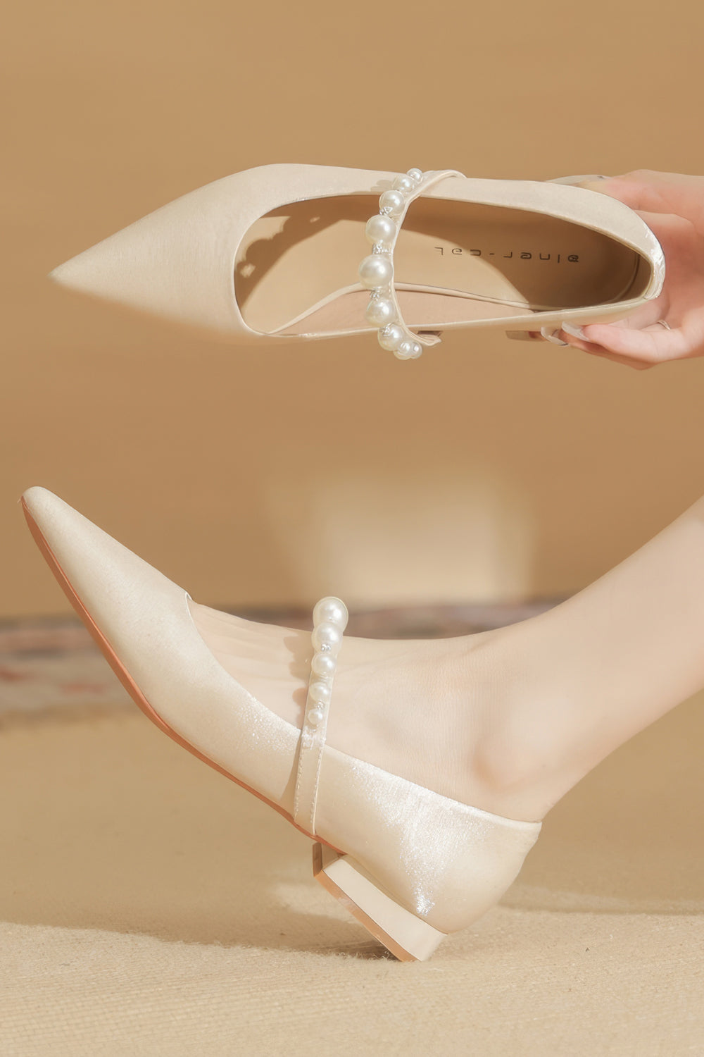 Pearl Strap Flats with Pointed Toe and Low Heel - Apricot