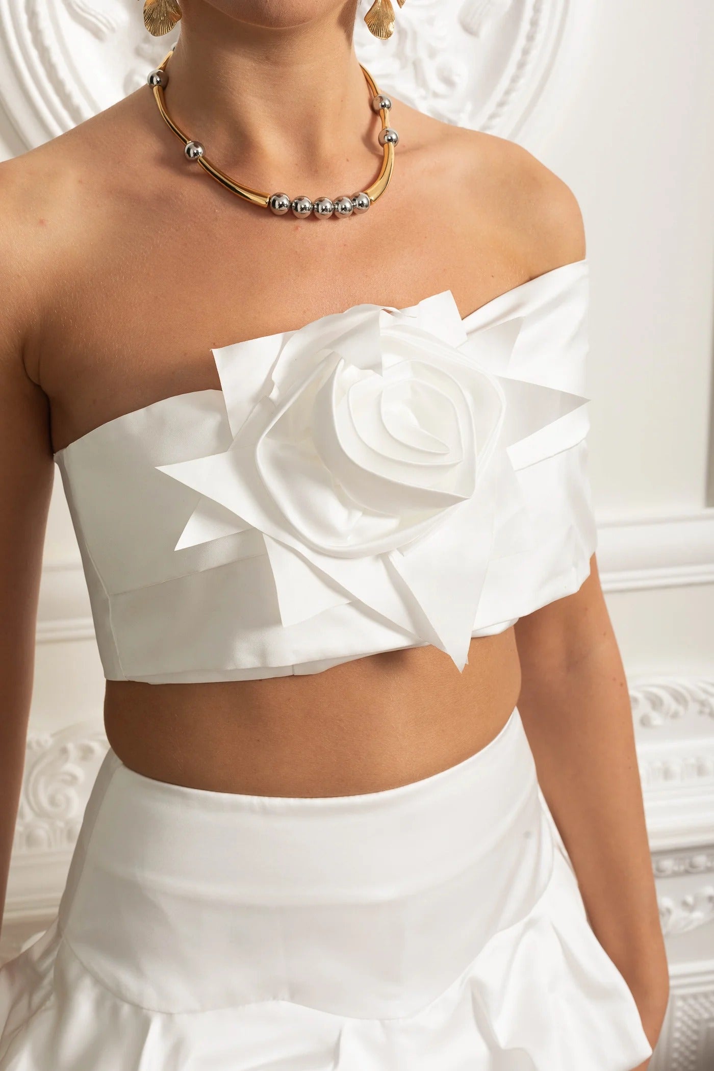 Rosette Crop Top & Bubble Mini Skirt Set - White