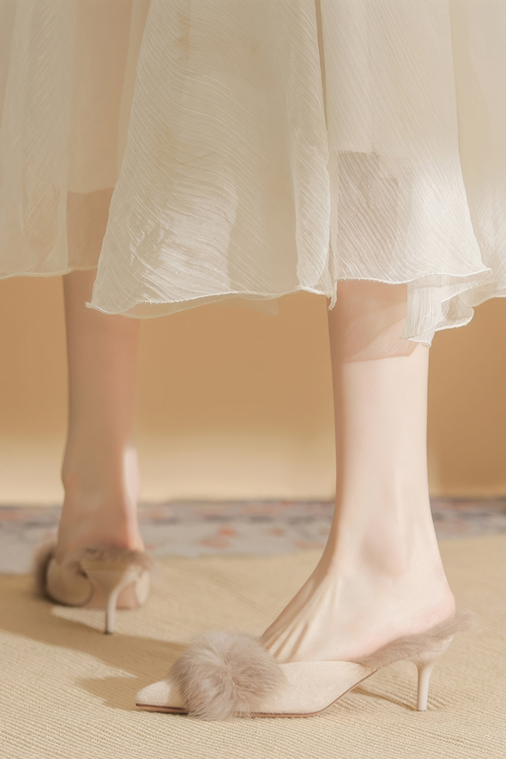 Pointed Mules with Fur Trim and Kitten Heel - Apricot