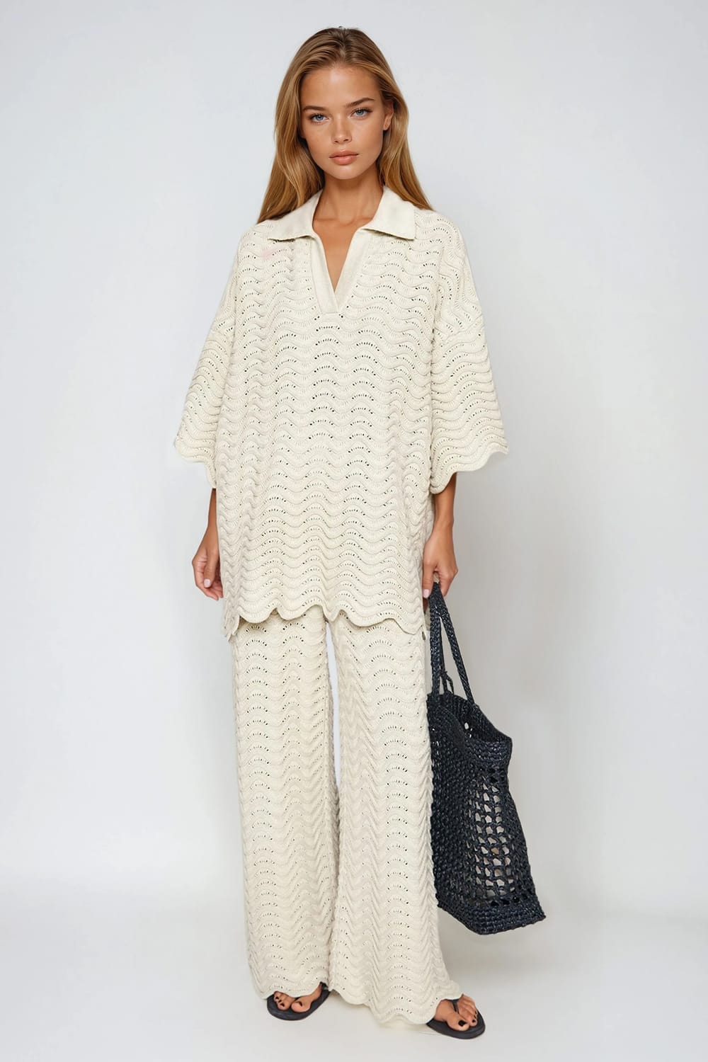 Two-Piece Set with Oversized Top and Wide-Leg Trousers - Green