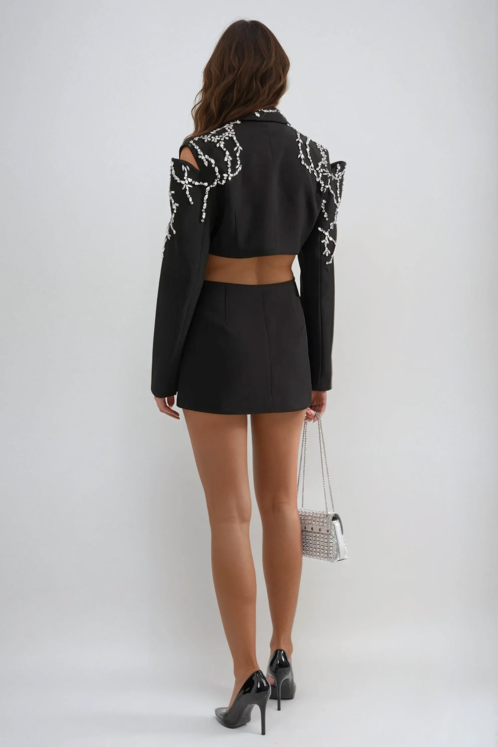 Blazer-Style Embellished Cutout Mini Dress - Black
