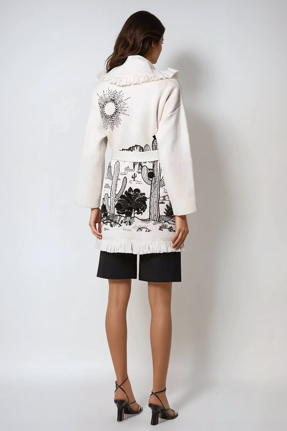 Open-Front Cardigan with Fringe Trim and Belt - White