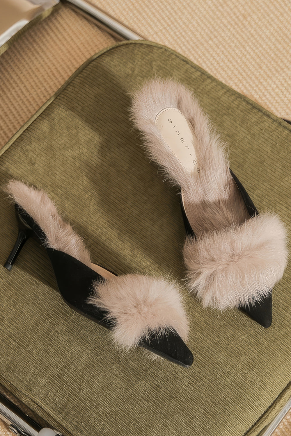 Pointed Mules with Fur Trim and Kitten Heel - Black