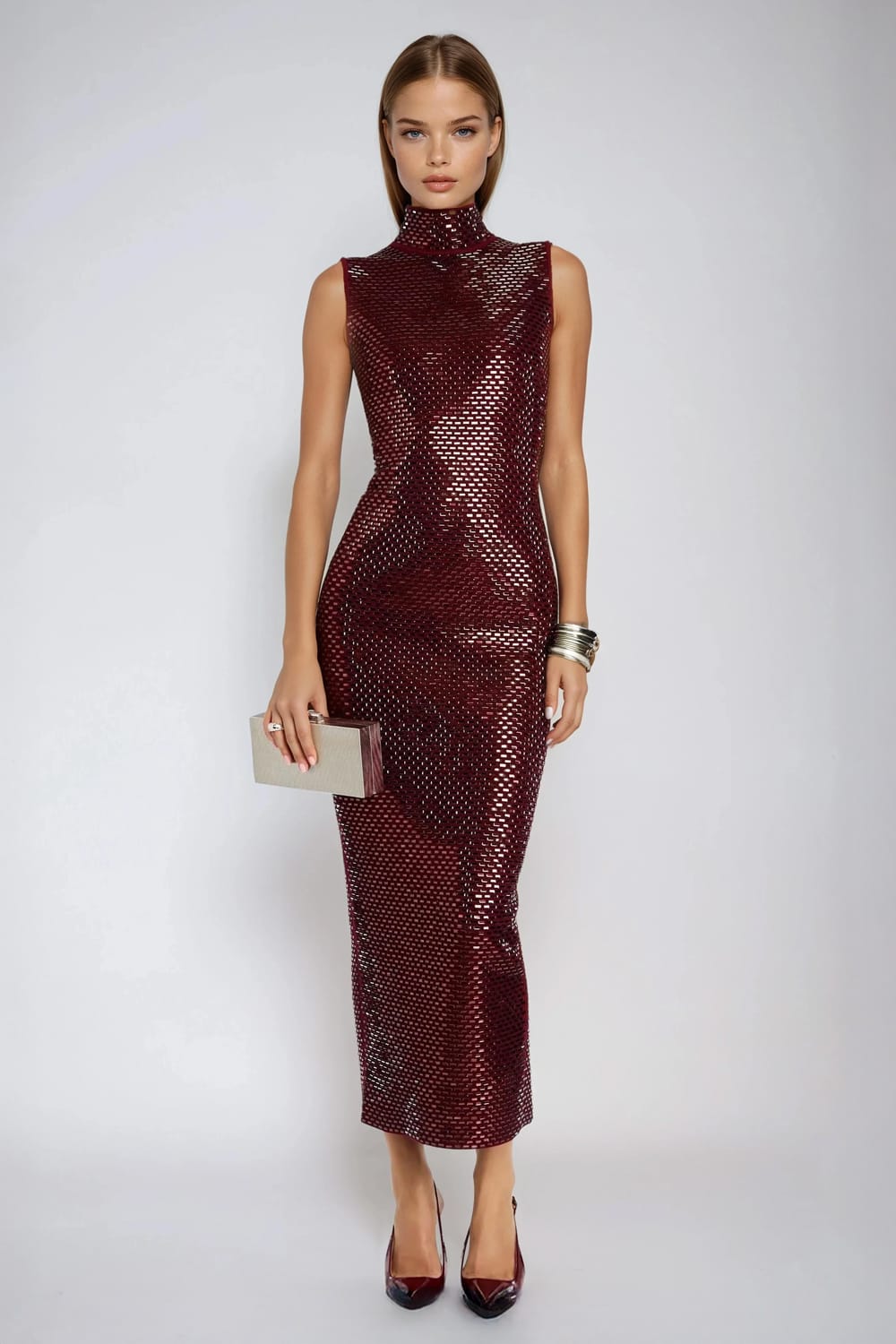 Sleeveless High Neck Sequin Maxi Dress - Red