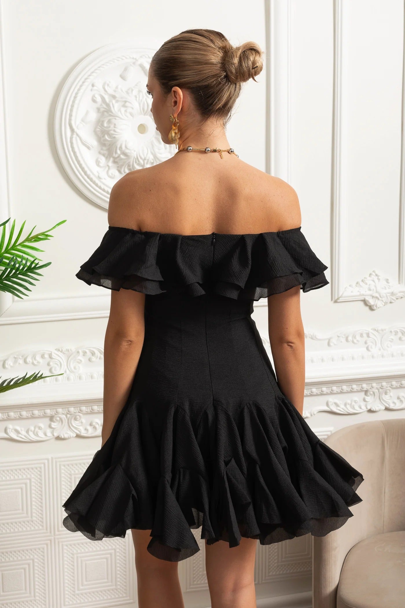 Off-Shoulder Ruffle Mini Dress - Black