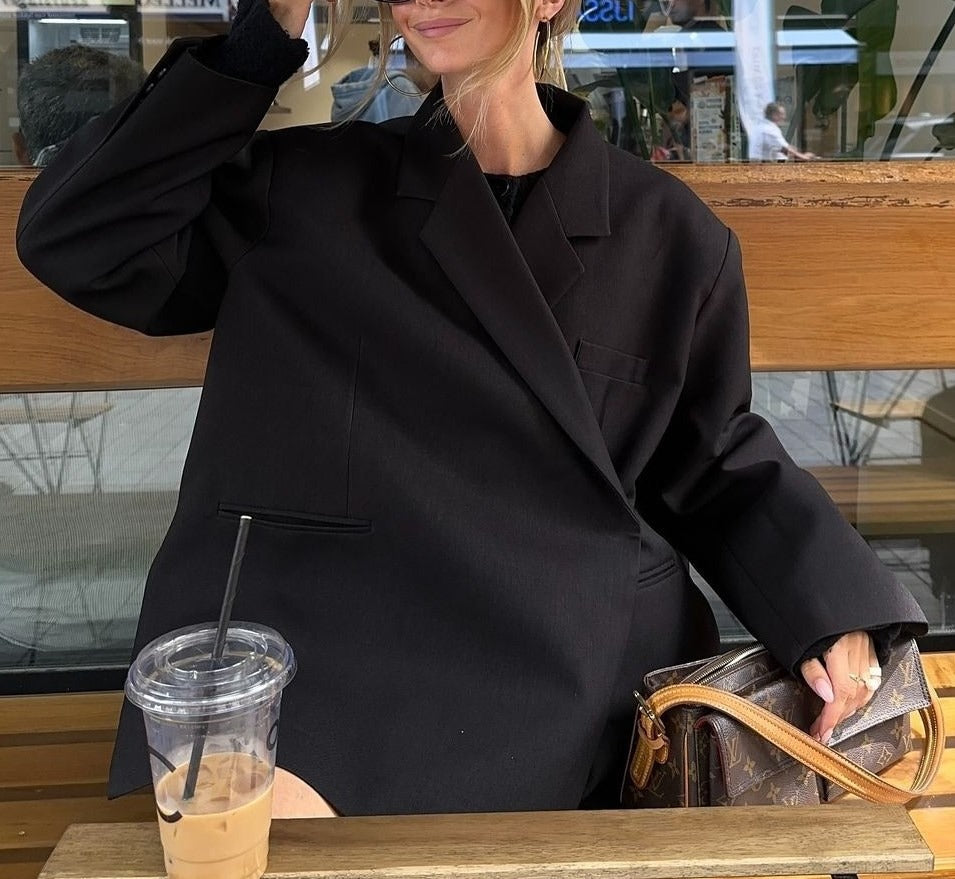 Oversized Double-Breasted Blazer with Structured Design - Black