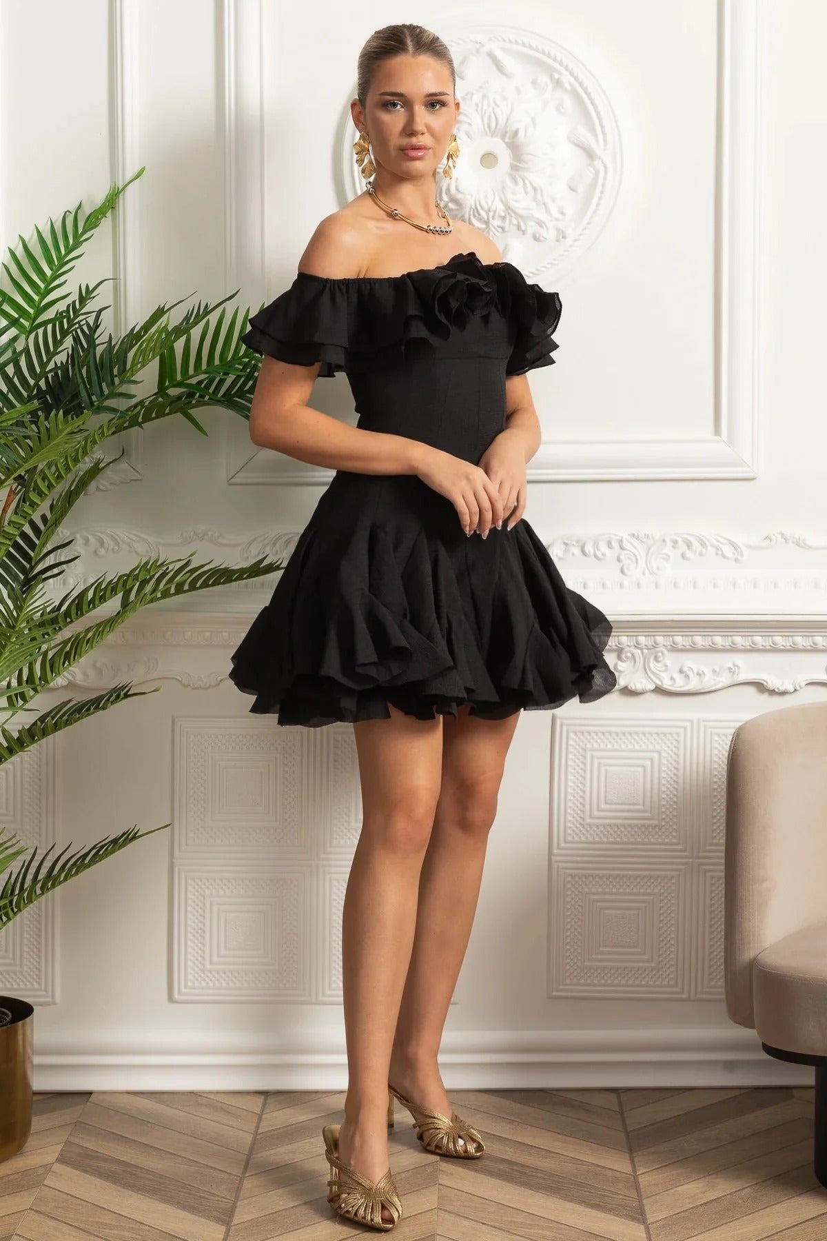 Off-Shoulder Ruffle Mini Dress - Black