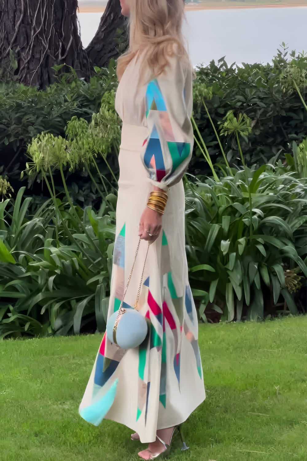 Geometric Patterned Puff Sleeve Maxi Dress