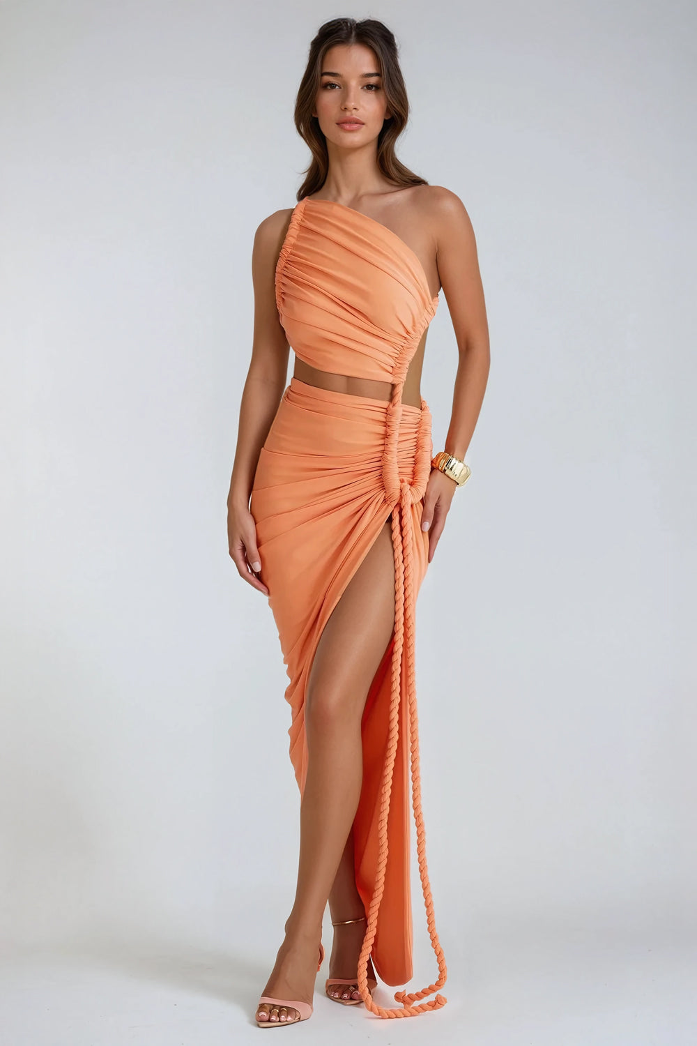 Asymmetrical Ruched Maxi Dress - Orange