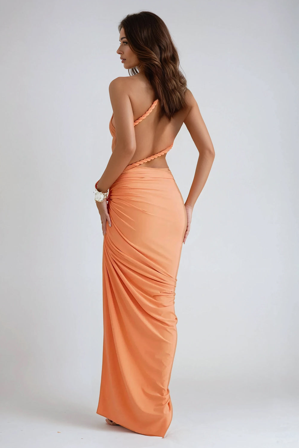 Asymmetrical Ruched Maxi Dress - Orange