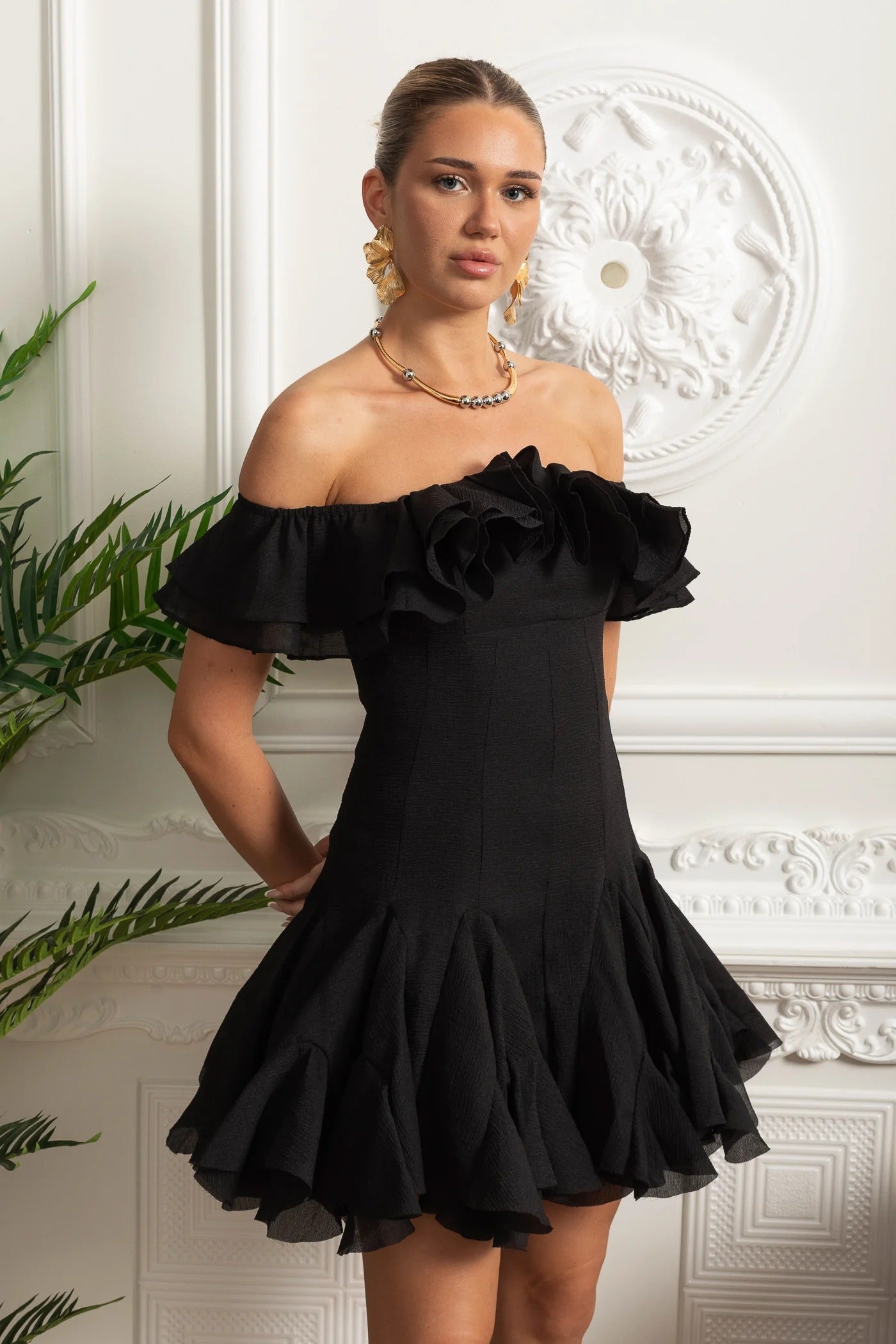 Off-Shoulder Ruffle Mini Dress - Black