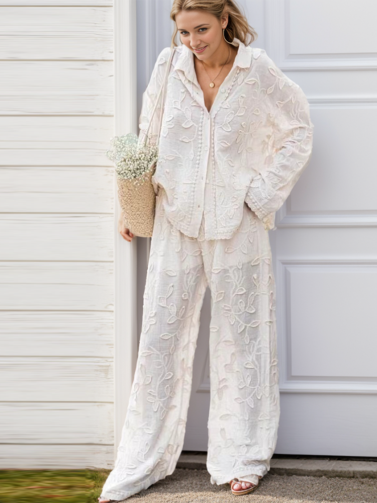 Embroidered Shirt and Wide-Leg Trousers Co-Ord Set