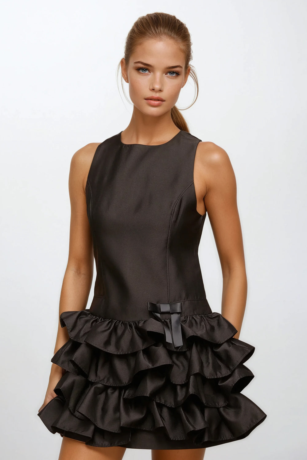 Sleeveless Mini Dress with Layered Ruffle Skirt - Black