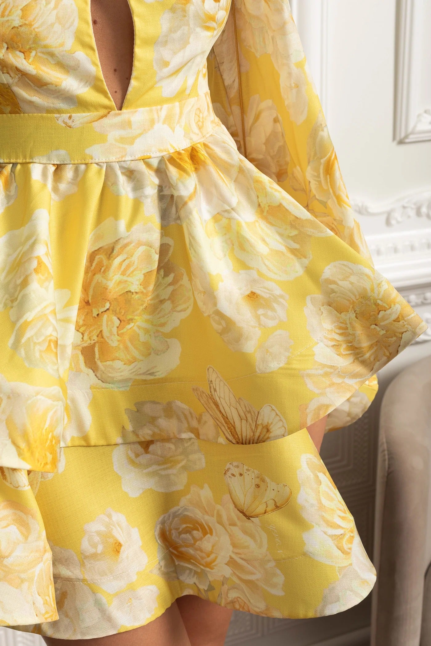 Long Sleeve Peplum Mini Dress With Yellow Floral Print - Yellow
