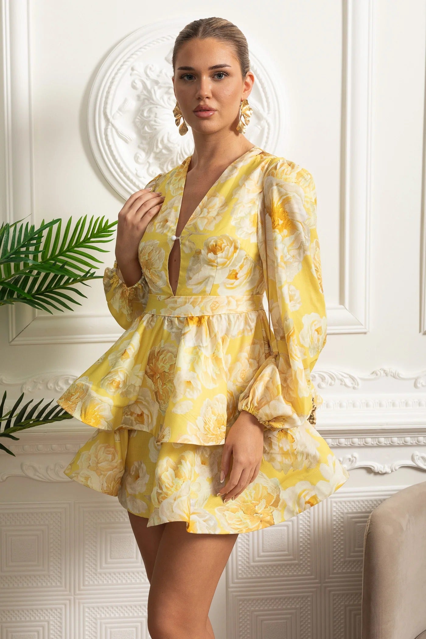Long Sleeve Peplum Mini Dress With Yellow Floral Print - Yellow