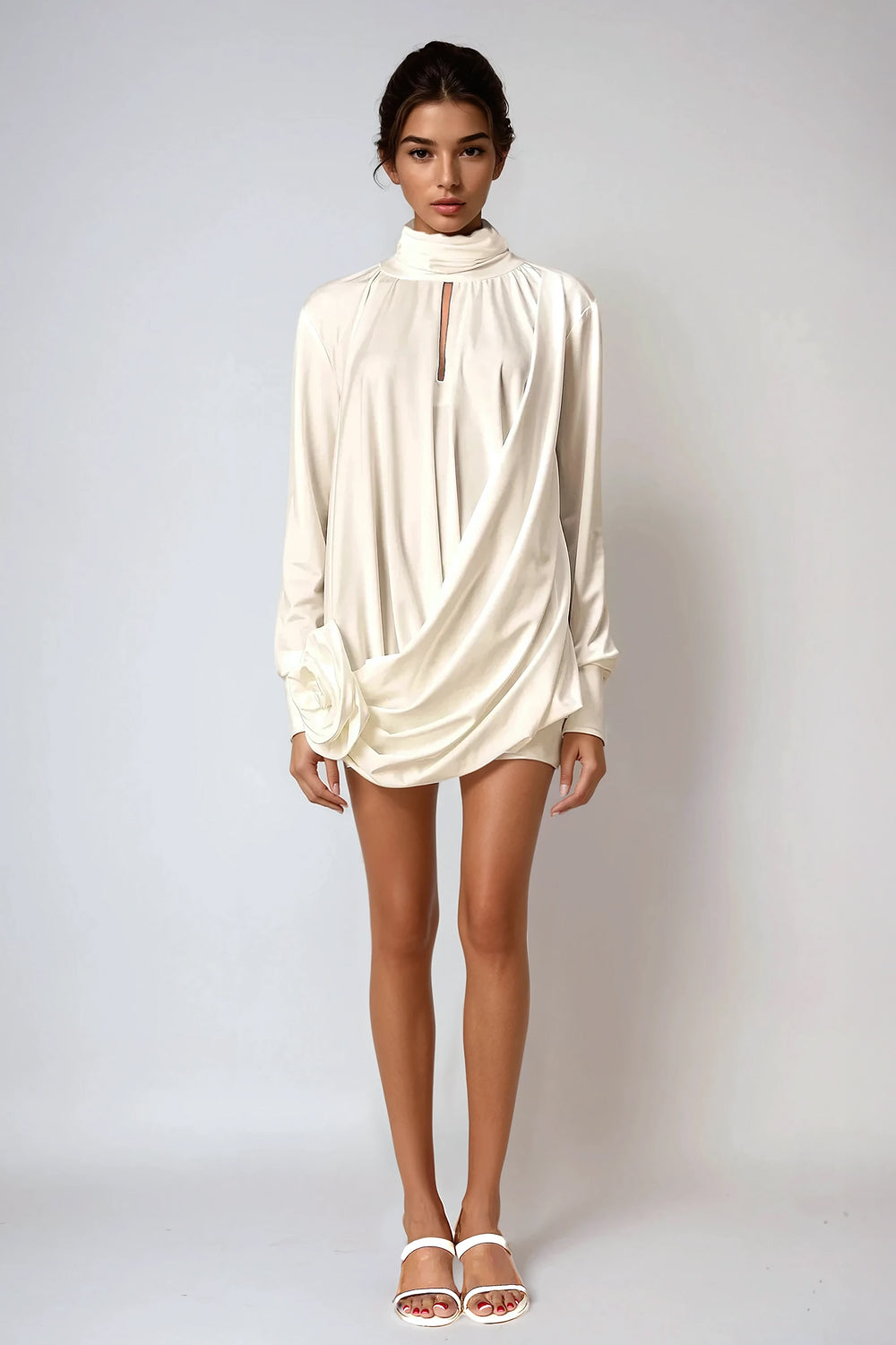 Draped Mini Dress with High Neck and Floral Detail - White