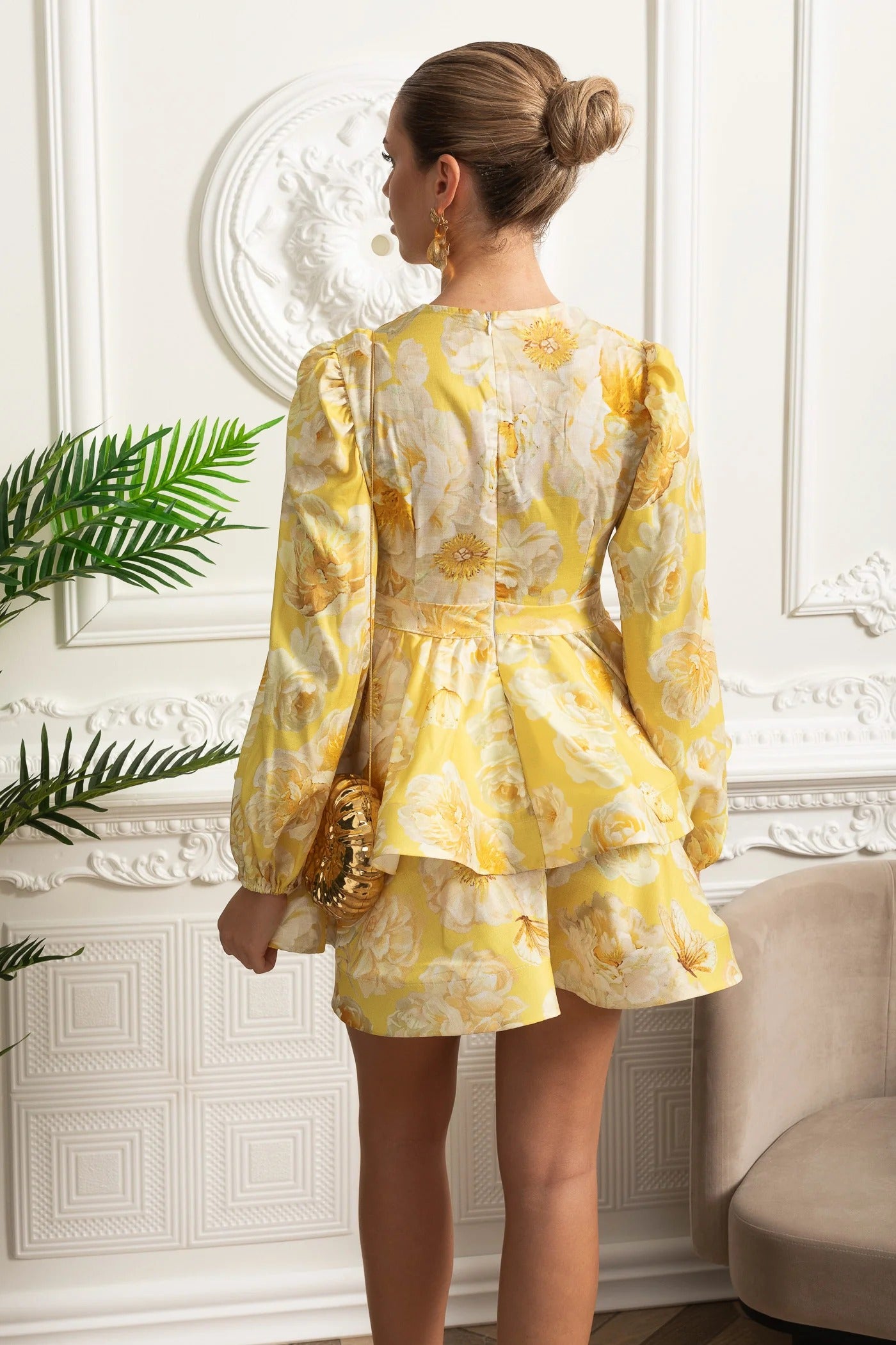 Long Sleeve Peplum Mini Dress With Yellow Floral Print - Yellow