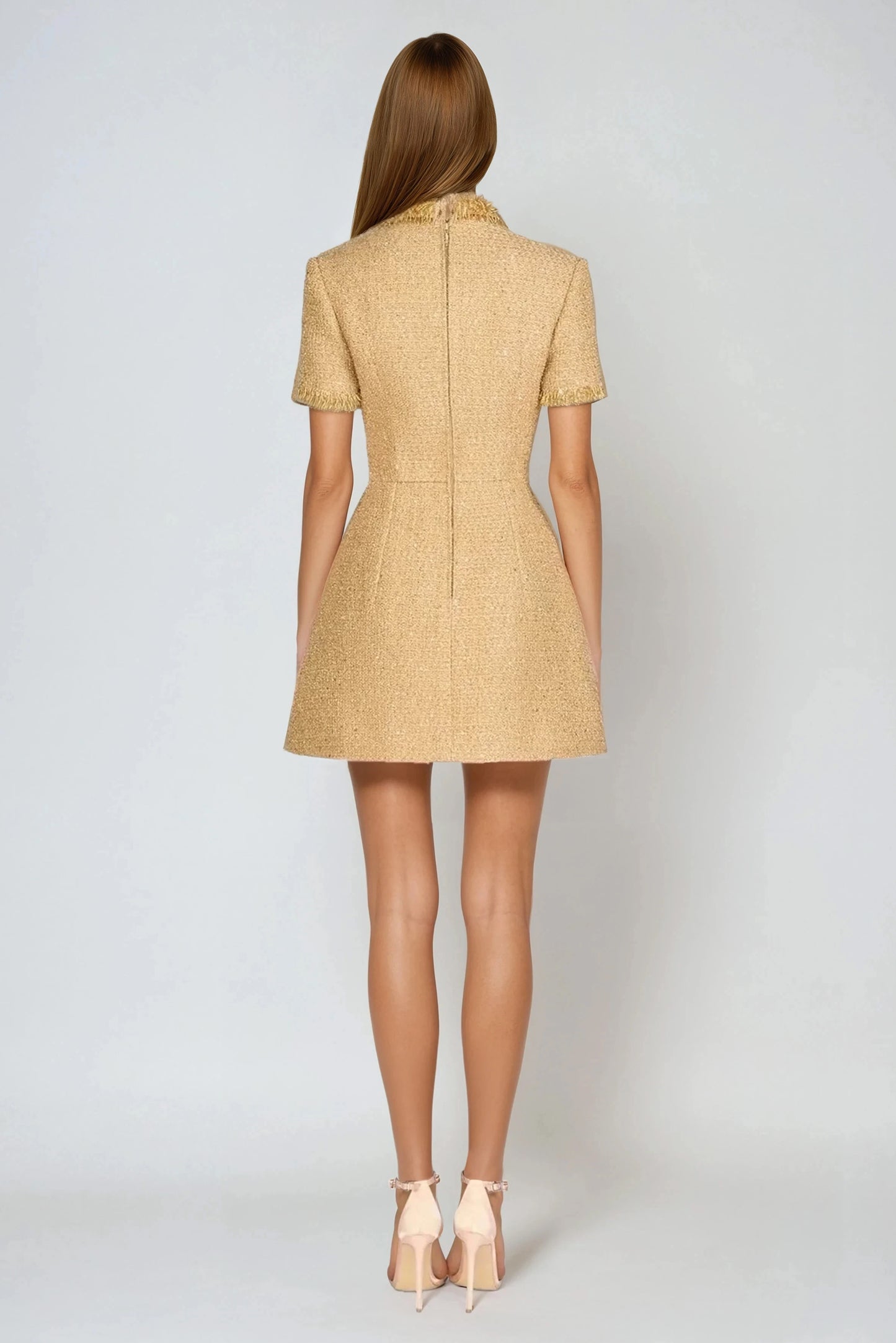 Short Sleeve Button-Up Mini Dress with Fringe Trim - Gold