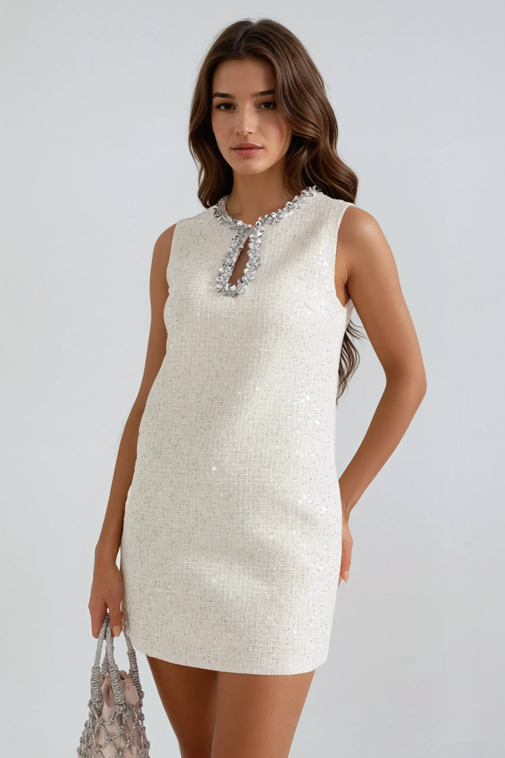 Embellished Sleeveless Mini Dress - White