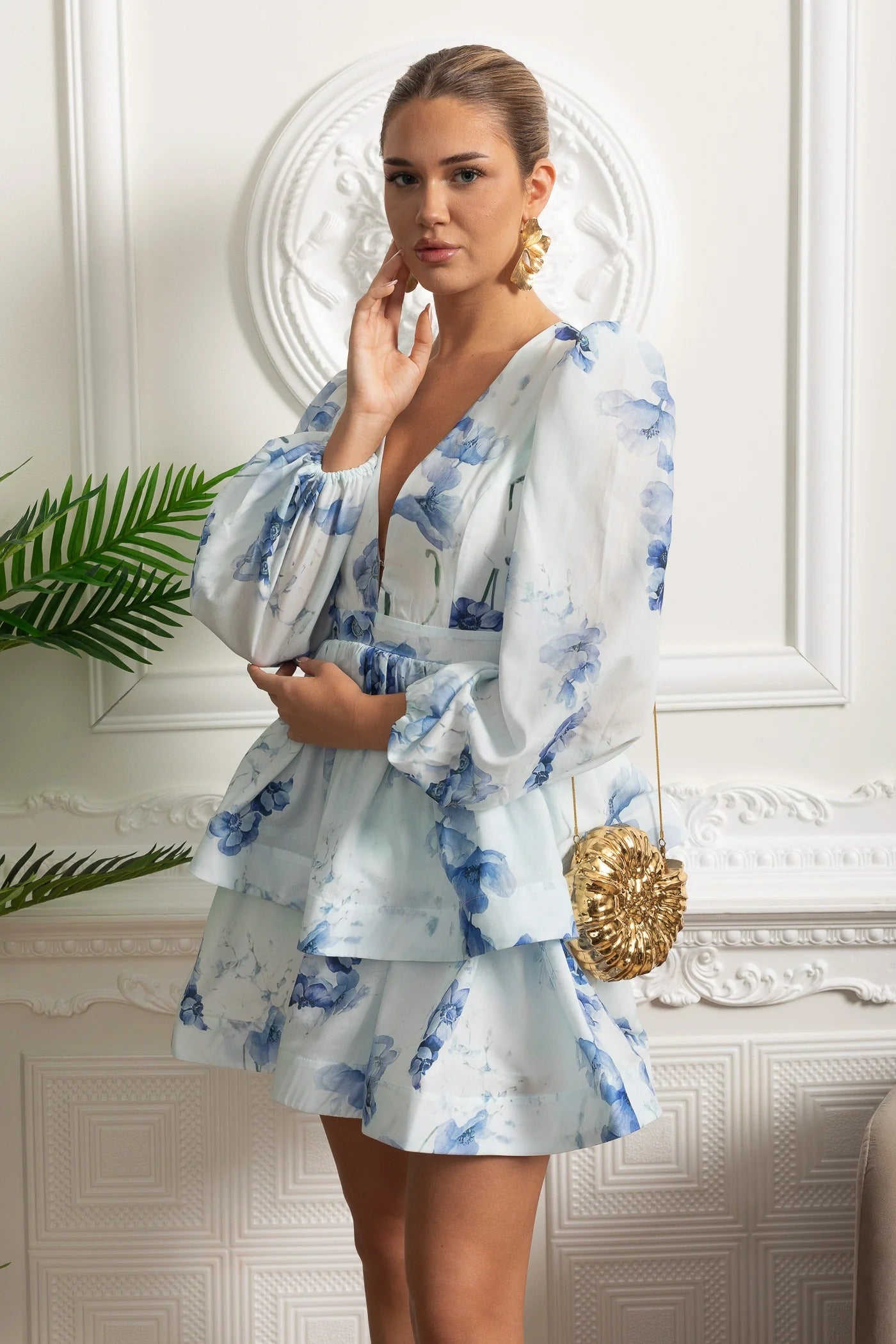 Long Sleeve Peplum Mini Dress With Yellow Floral Print - Blue
